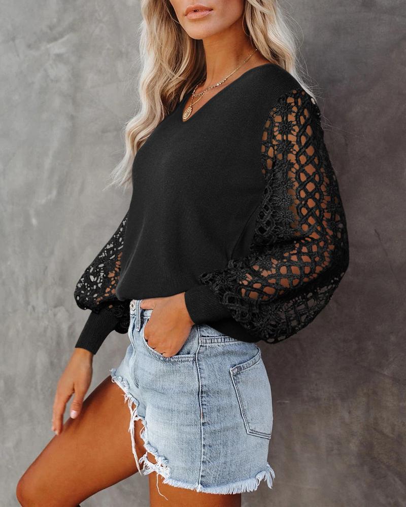 

Guipure Lace Patch Lantern Sleeve Top, Black