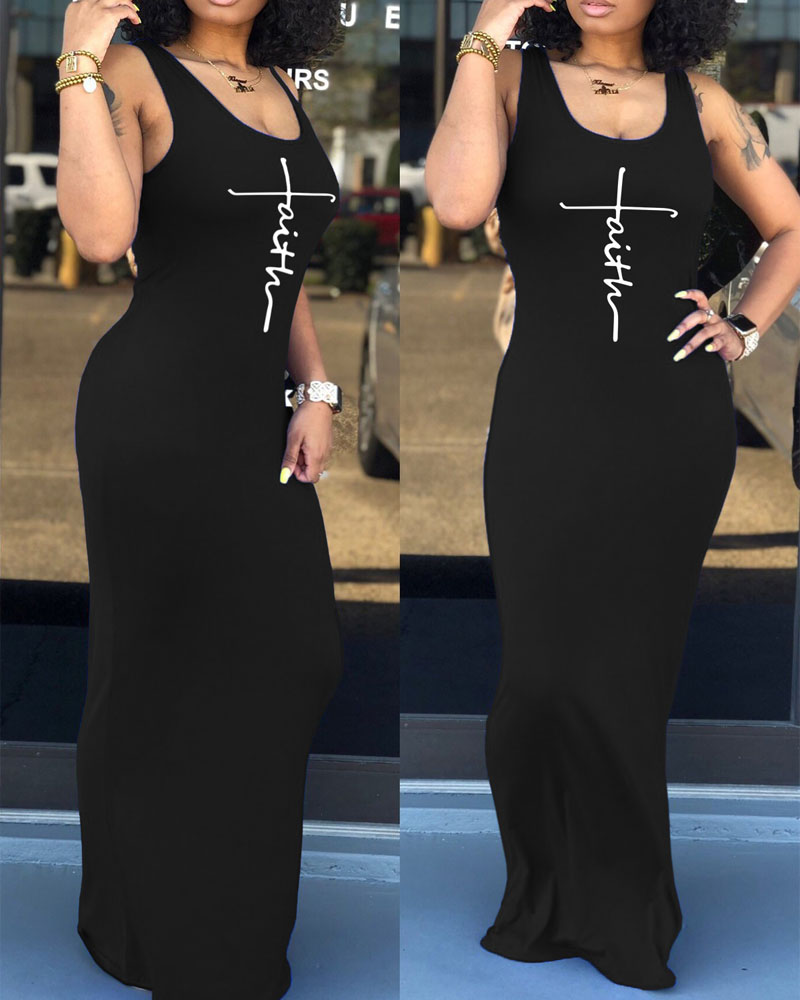 

Letter Print U-Neck Casual Tank Dress, Black
