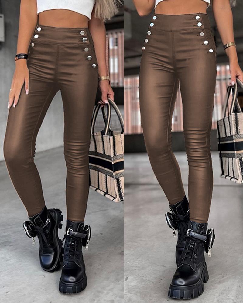 

High Waist Buttoned PU Leather Pants, Brown
