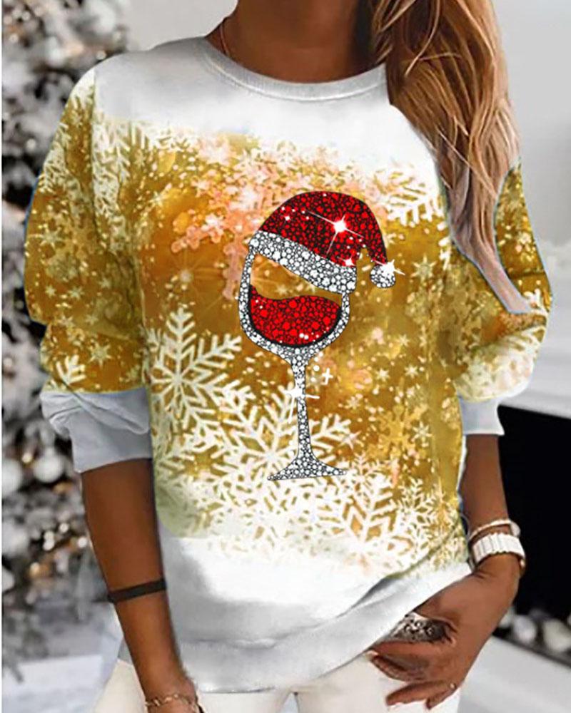 

Christmas Wine Glass Snowflake Print Long Sleeve Top, Gold