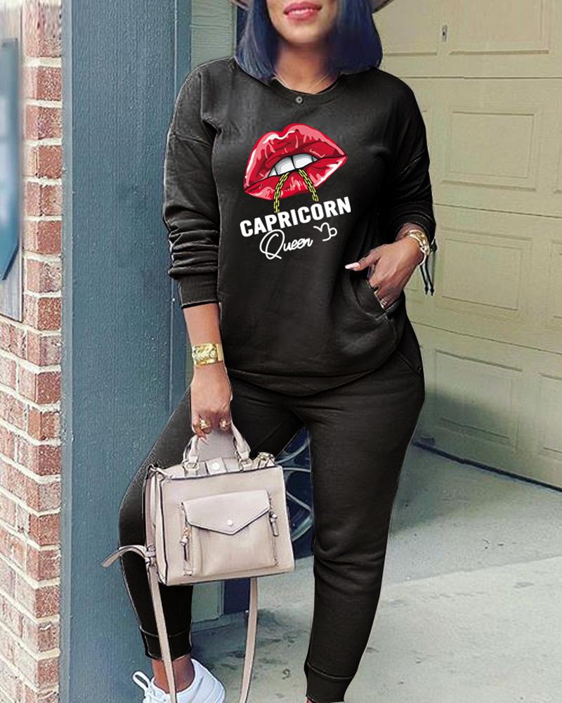 

Lip Letter Print Pocket Design Top & Pants Set, Black