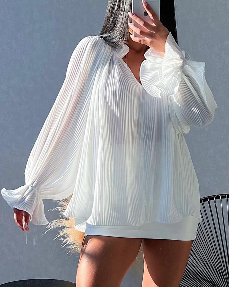 

Plain V-Neck Flounce Sleeve Top, White