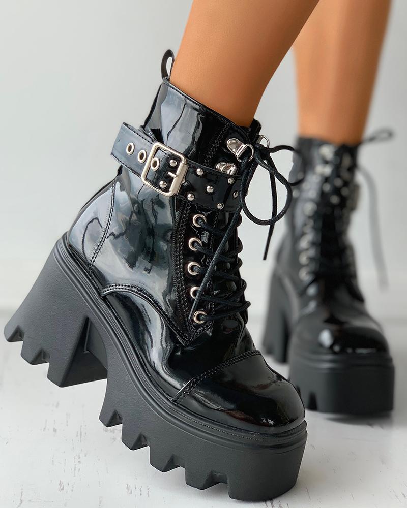 

Buckled Eyelet Lace-up Combat Boots, Black