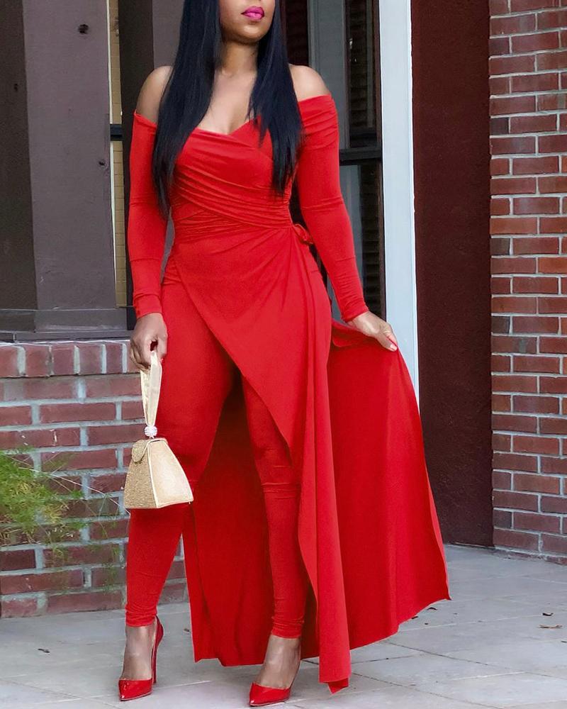 

Off Shoulder Slit Top & High Waist Pants Set, Red