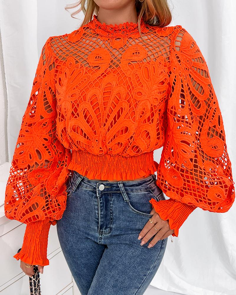 

Hollow Out Shirred Lantern Sleeve Crop Top, Orange