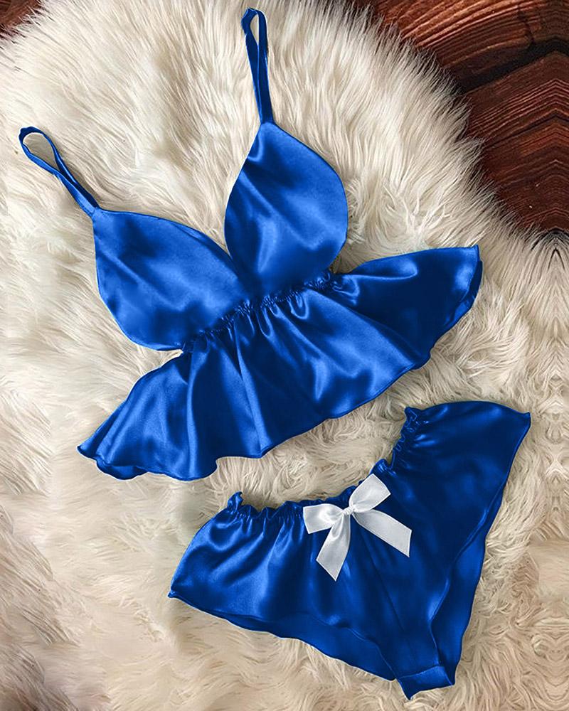 

Ruffles Bowknot Decor Spaghetti Strap Lingerie Set, Blue