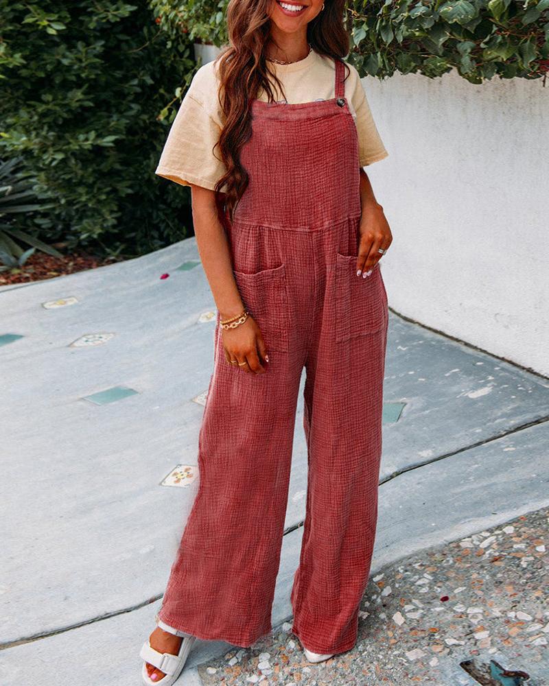 

Wide Leg Pocket Design Suspender Jumpsuit, Red