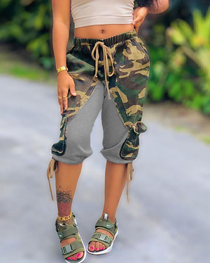 

Camouflage Print High Waist Drawstring Shorts, Green