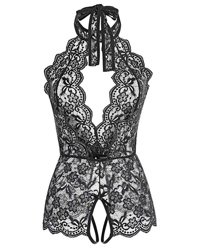 

Crochet Lace Sheer Mesh Halter Teddy, Black