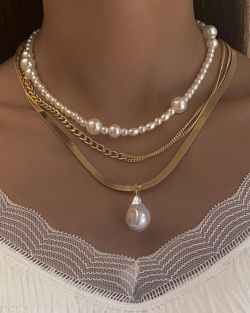 

3PCS Faux Pearl & Snake & Chain Layered Necklace Set, Gold