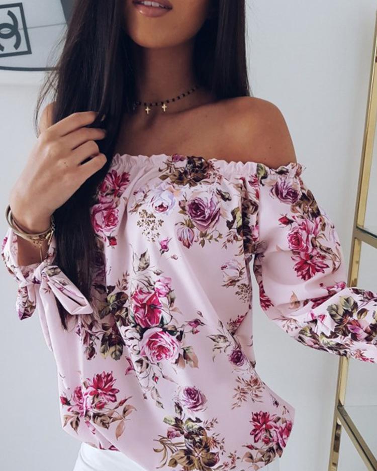 

Off Shoulder Shirring Floral Print Loose Blouse, Pink