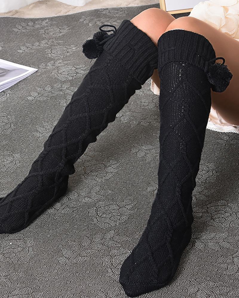 

1Pair Pom Pom Braided Knee Length Socks, Black