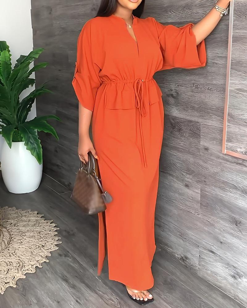 

Roll Up Sleeve Drawstring Waist Split Hem Maxi Dress, Orange
