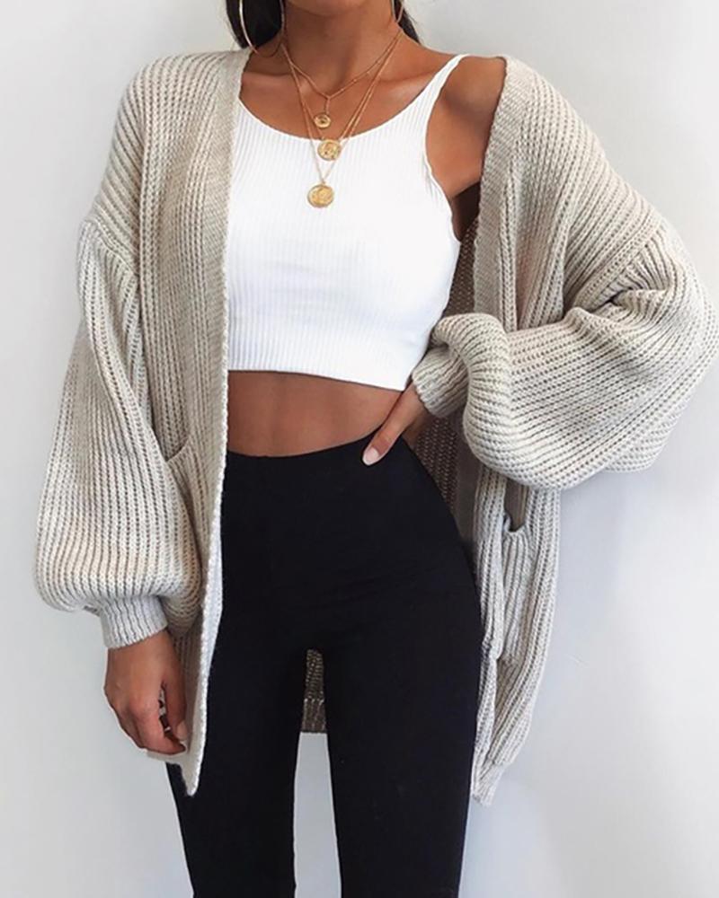 

Knit Lantern Sleeve Casual Cardigan, Beige