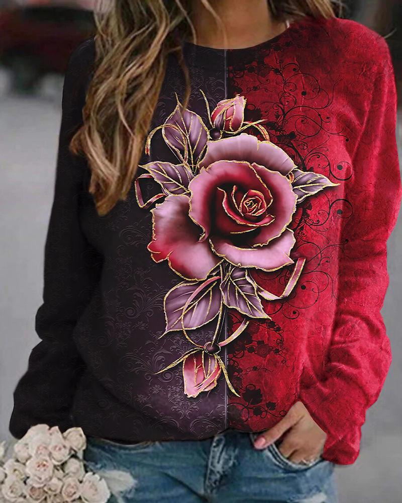 

Floral Print Colorblock Long Sleeve Sweatshirt, Red