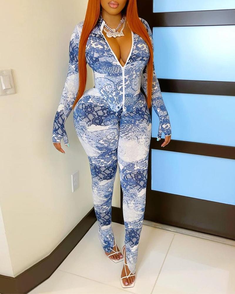 

Wave Print V-Neck Zipper Front Jumpsuit, Blue