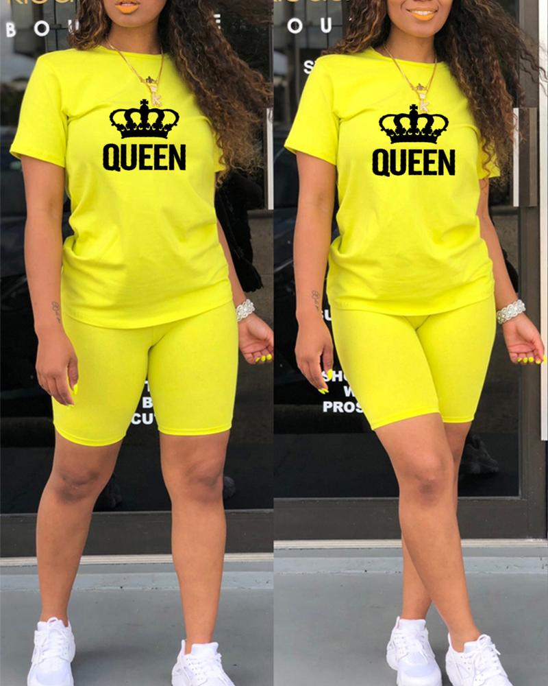 

Letter Crown Print Casual Top & Shorts Set, Yellow