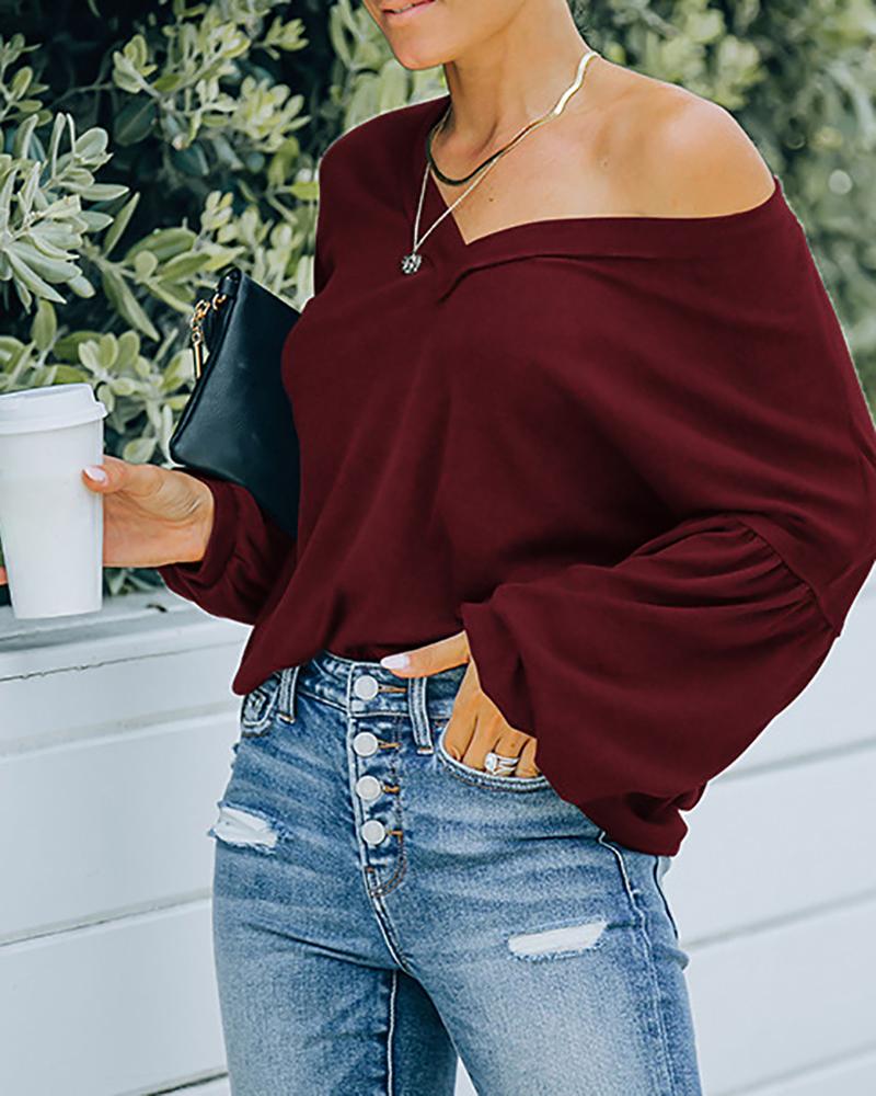

V Neck Lantern Sleeve Ruched Top, Red