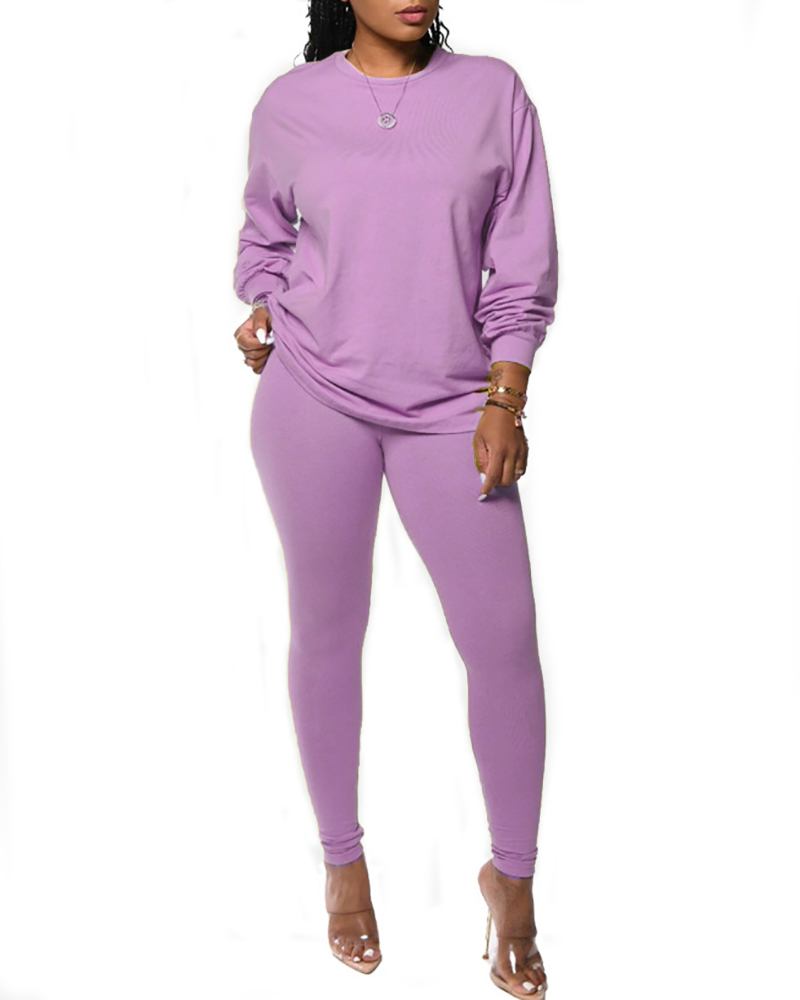

Long Sleeve Top & High Waist Pants Set, Purple