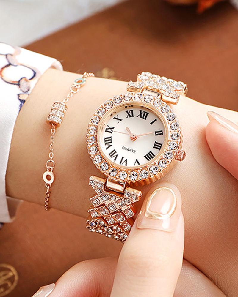 

Allover Rhinestone Round Quartz Wrist Watch, Rose gold