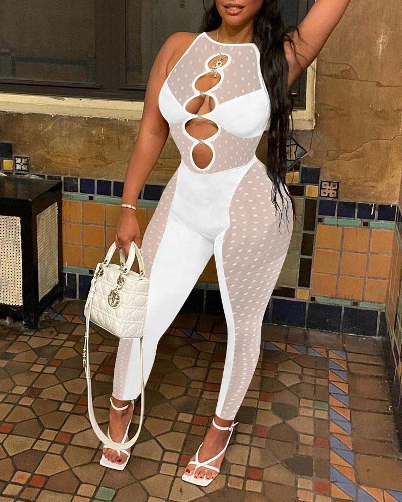

Rhinestone Decor Hollow Out Sheer Mesh Jumpsuit, White
