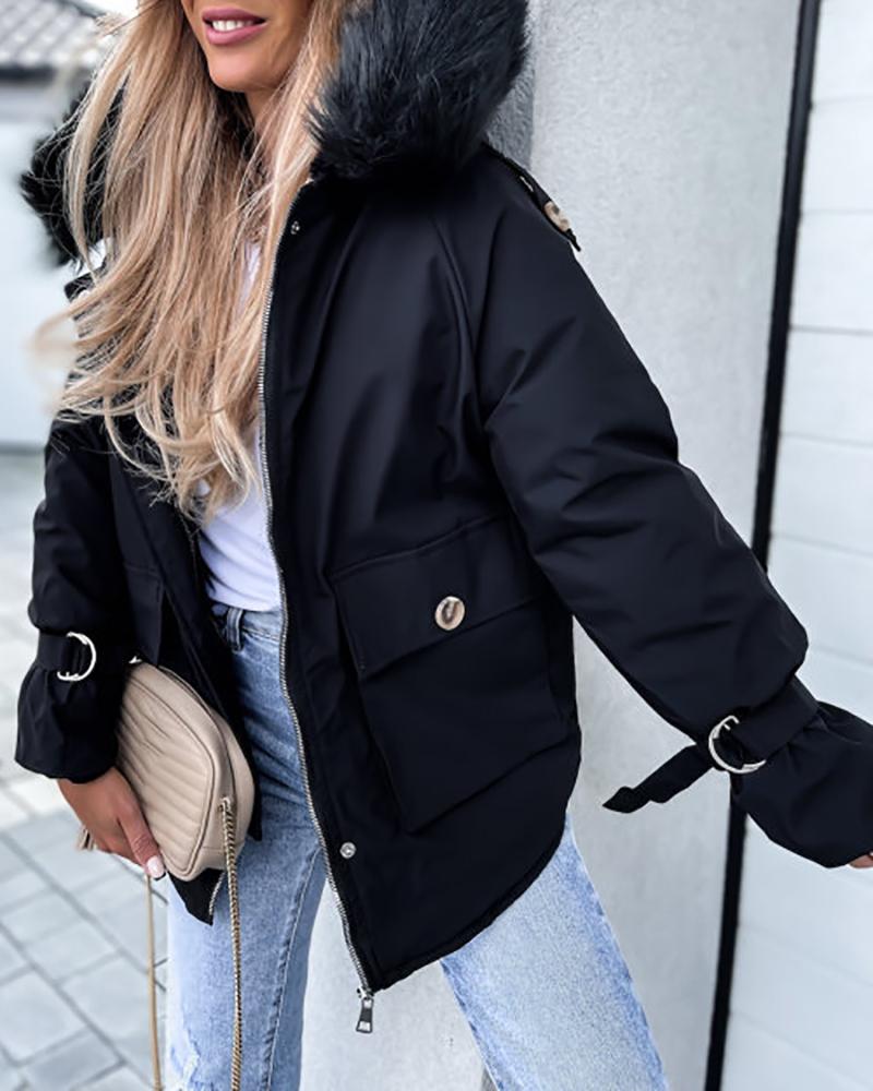 

Faux Fur Patch Pocket Zipper Design Hooded Parker Coat, Black