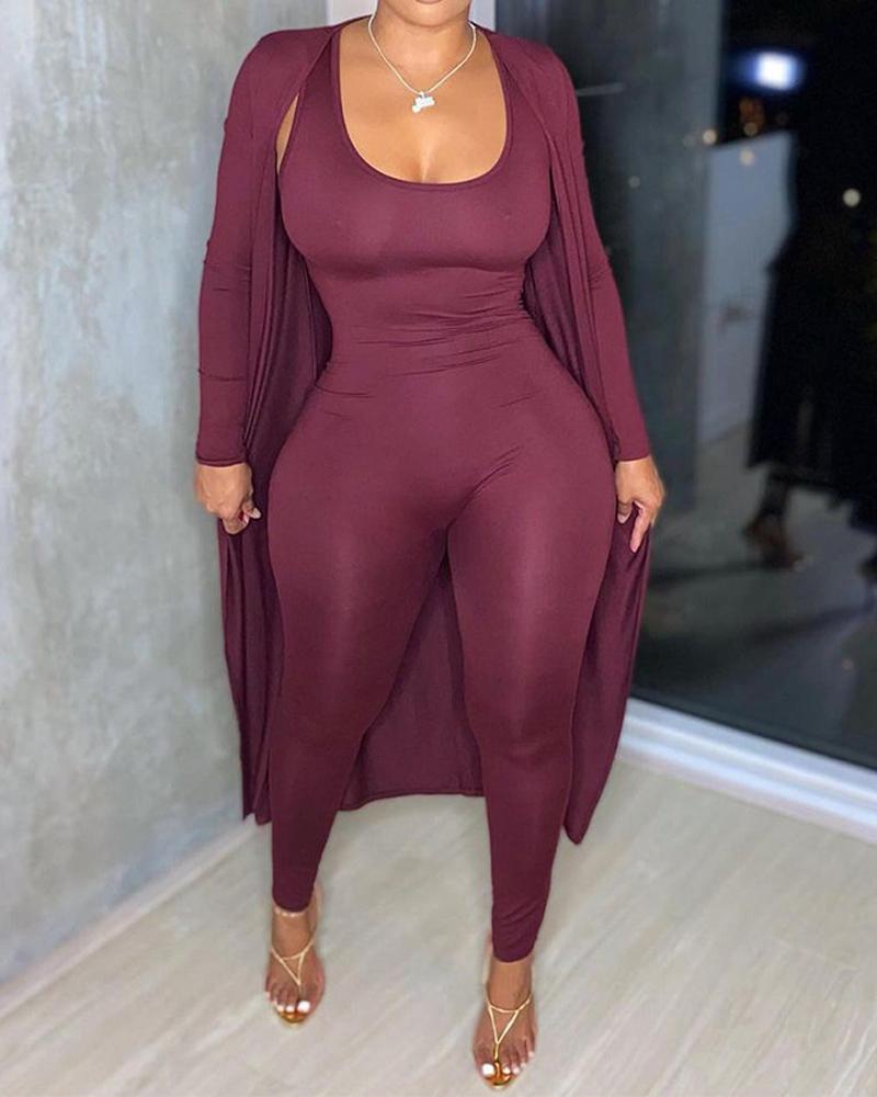 

U-Neck Sleeveless Jumpsuit & Longline Coat Set, Wine red