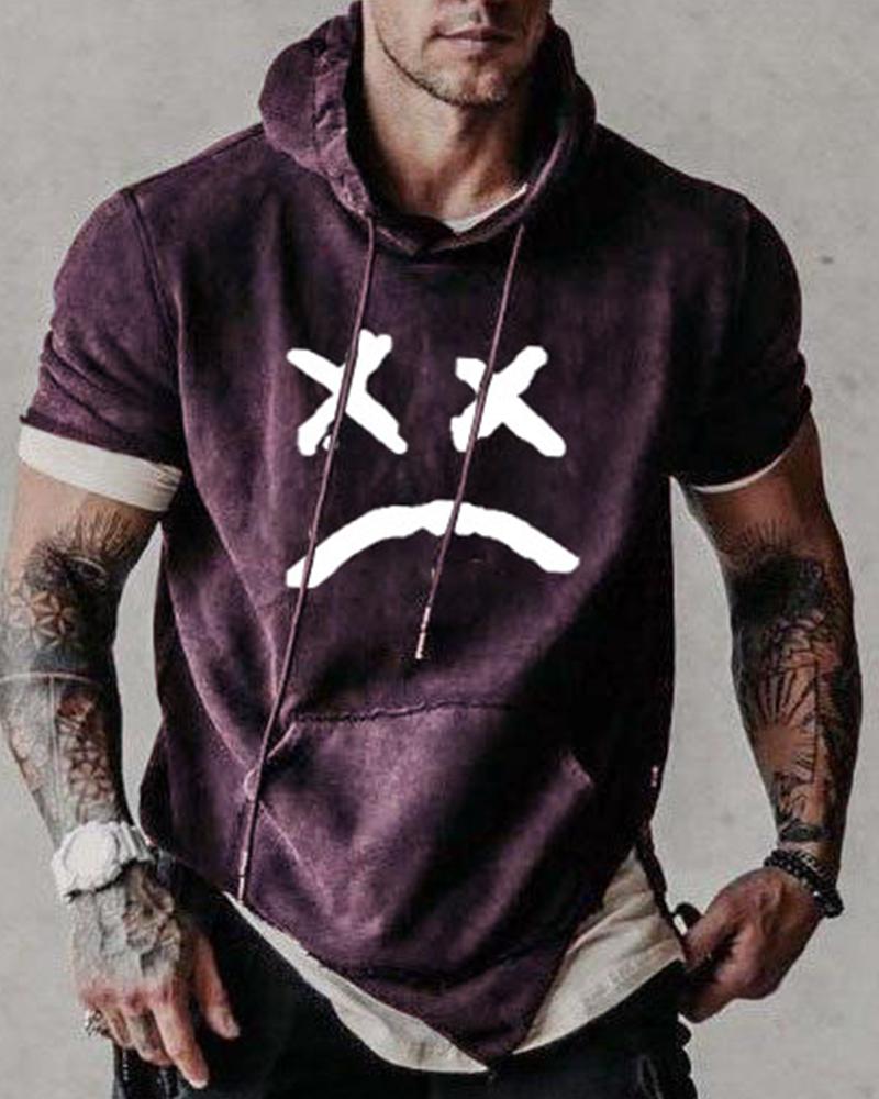 

Graphic Print Short Sleeve Loose Hooded Sweatshirts, Purple