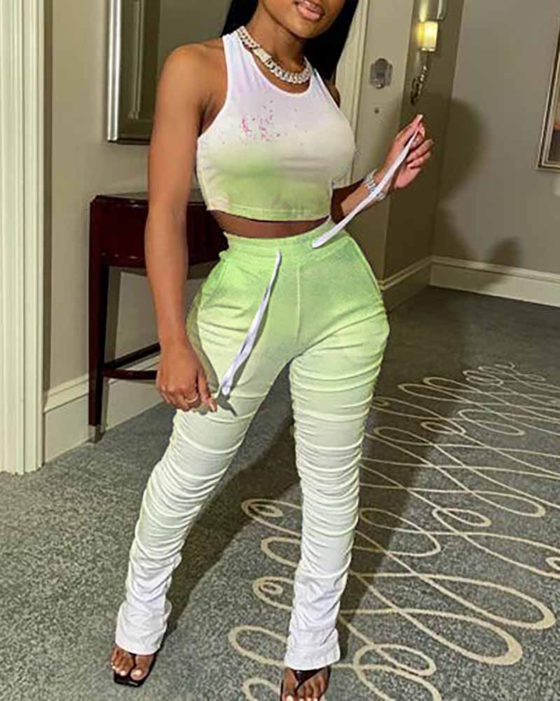 

Gradient Color Top & Ruched Pants Set, Green