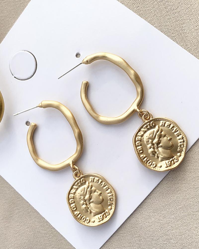 

1Pair Coin Pattern Circle Earrings, Gold