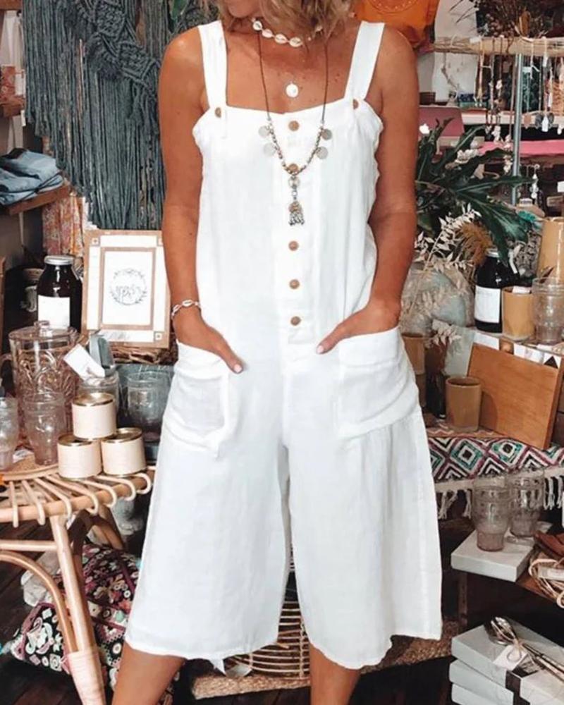 

Pocket Button Decor Casual Jumpsuit, White