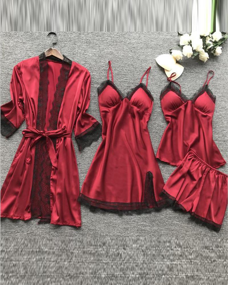 

4PCS Lace Trim Padded Cami Set With Nightdress & Belted Robe, Wine red