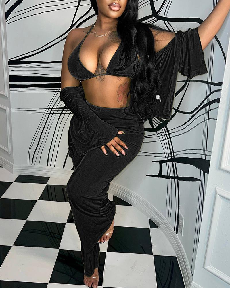 

Velvet Long Sleeve Coat & High Waist Pants Set With Bralette, Black
