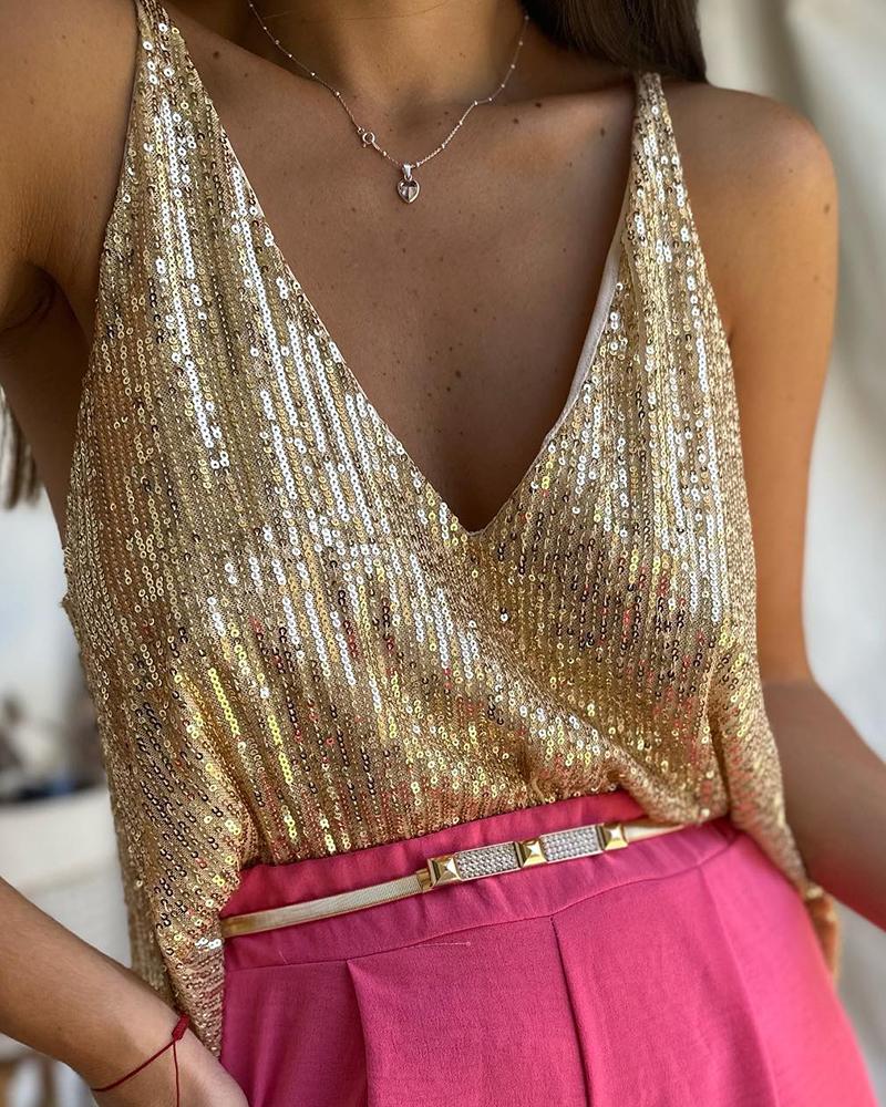 

Allover Sequin V-Neck Tank Top, Gold