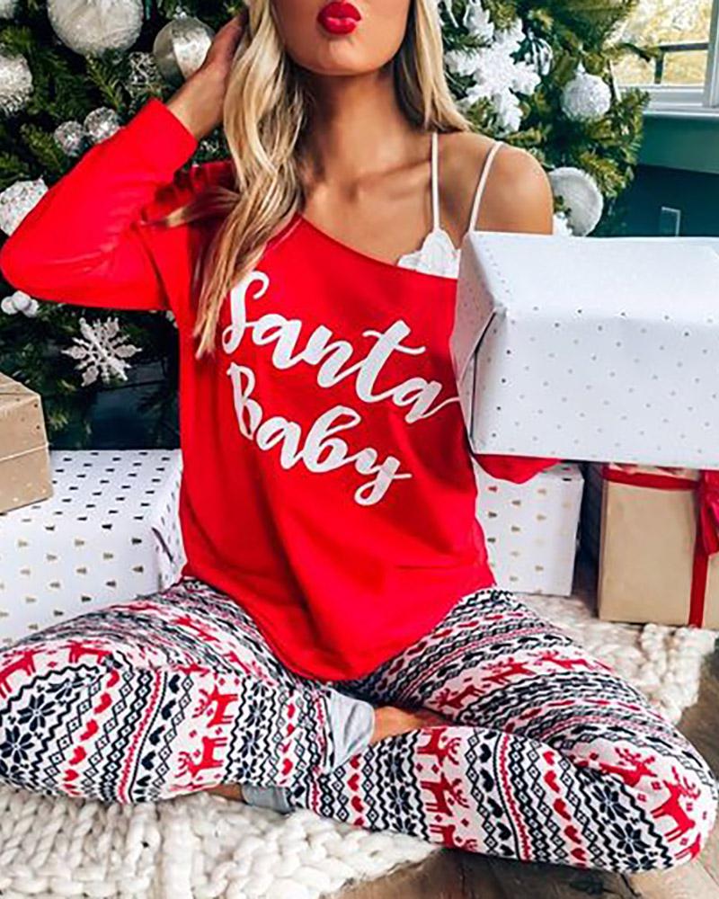 

Christmas Letter Print Long Sleeve Pajamas Set, Red