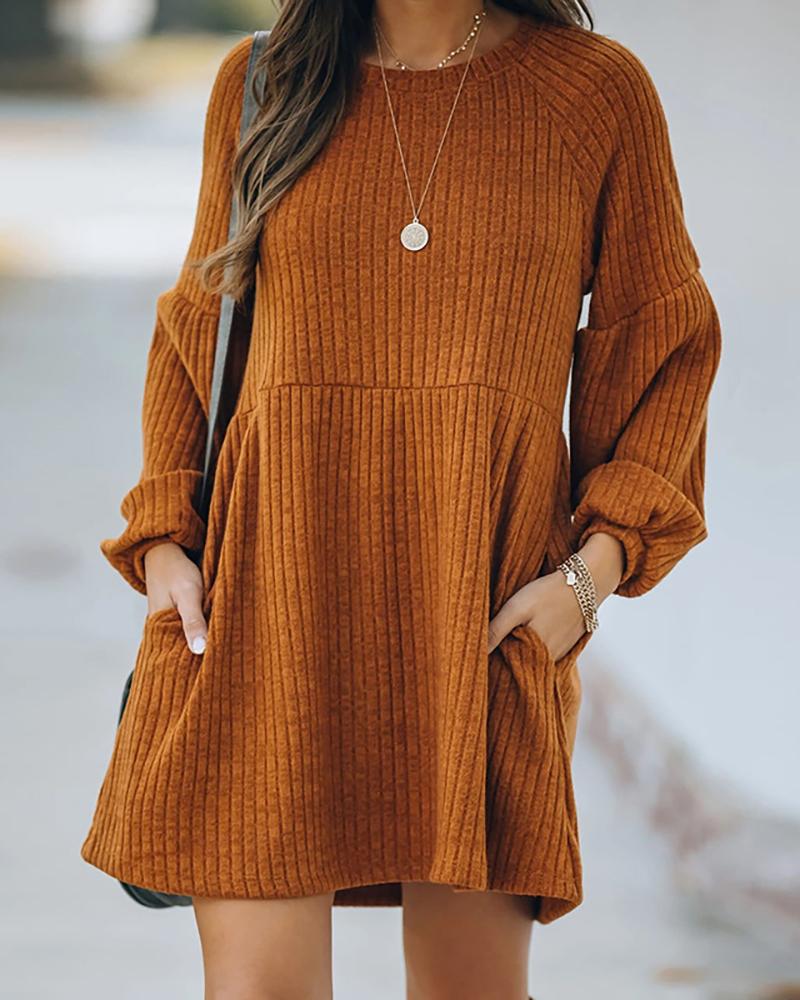 

Ribbed Pocket Design Casual Dress, Brown