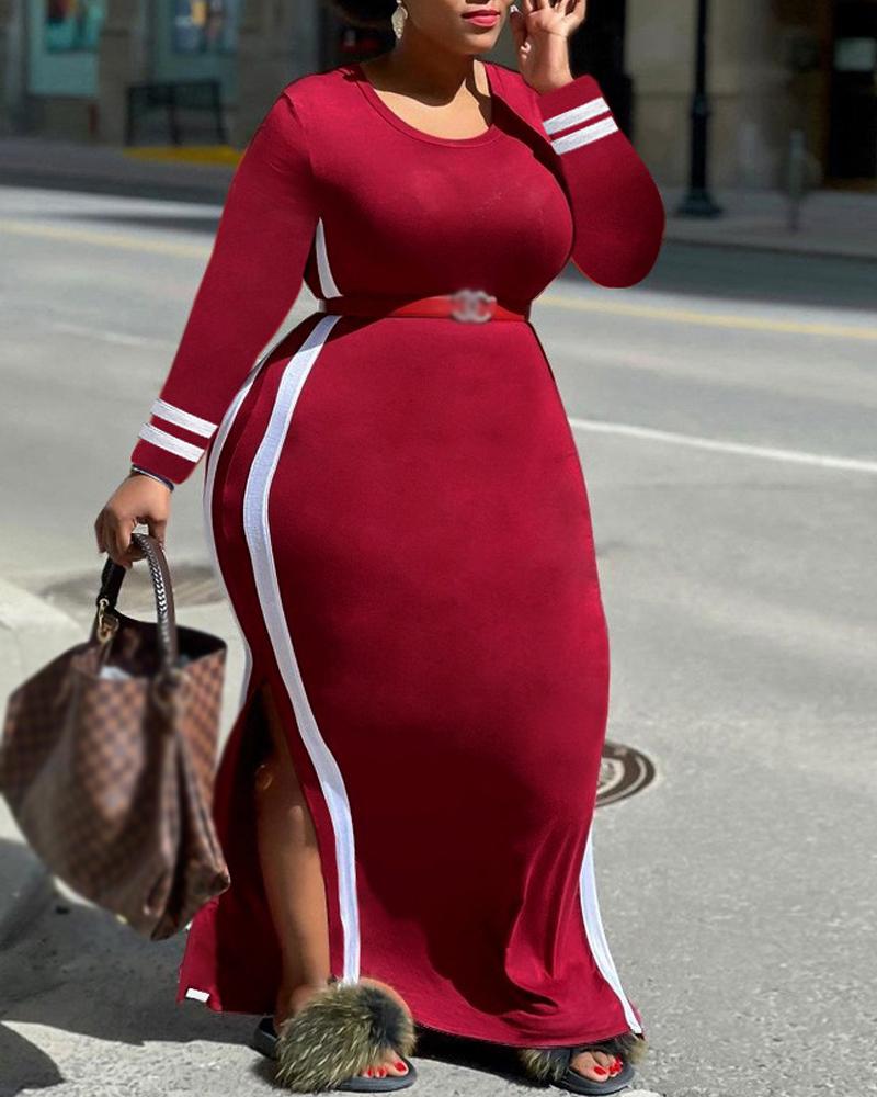 

Plus Size Contrast Paneled Split Hem Long Sleeve Dress, Wine red
