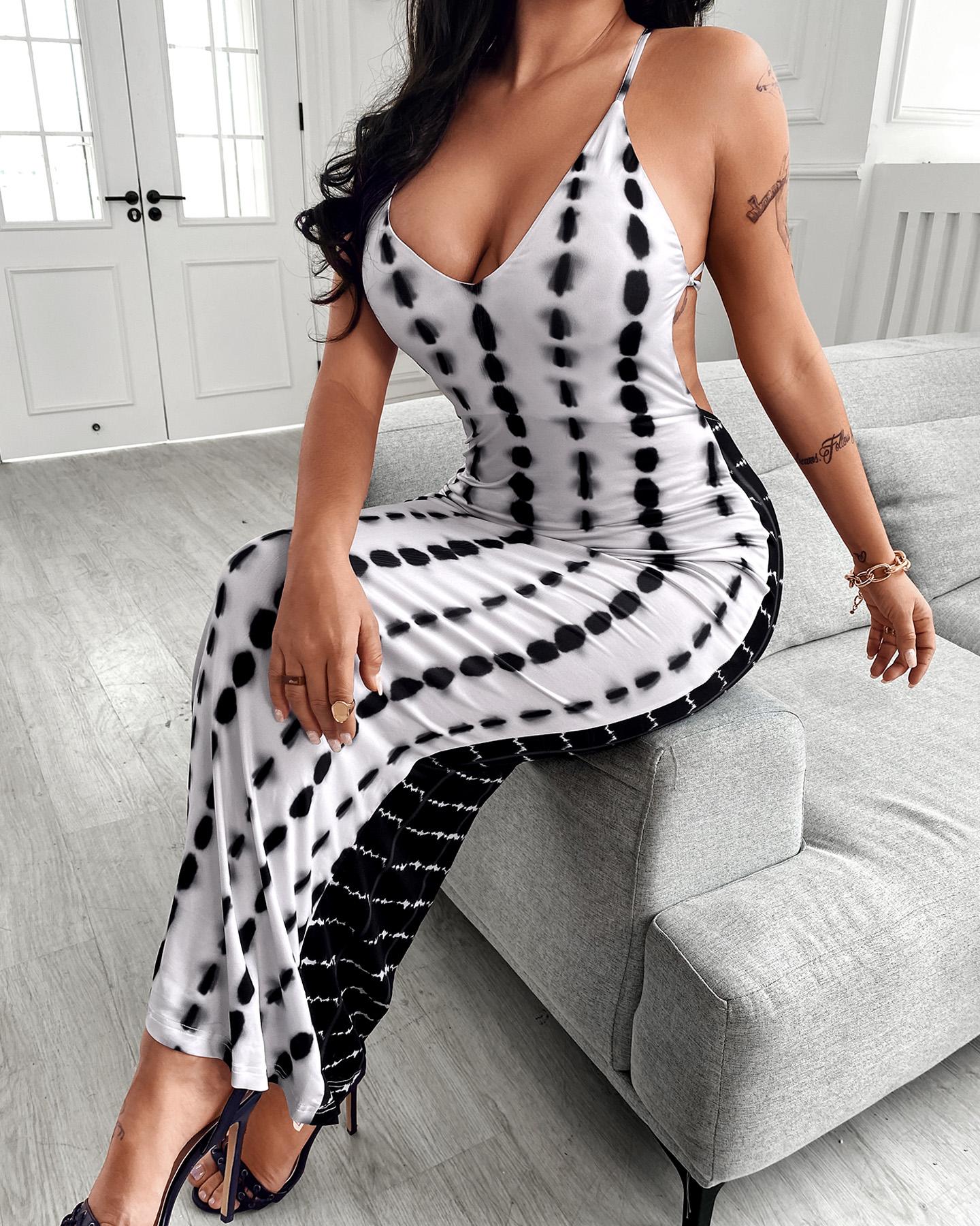 

Plunge Tie Dye Print Crisscross Backless Maxi Dress, Black