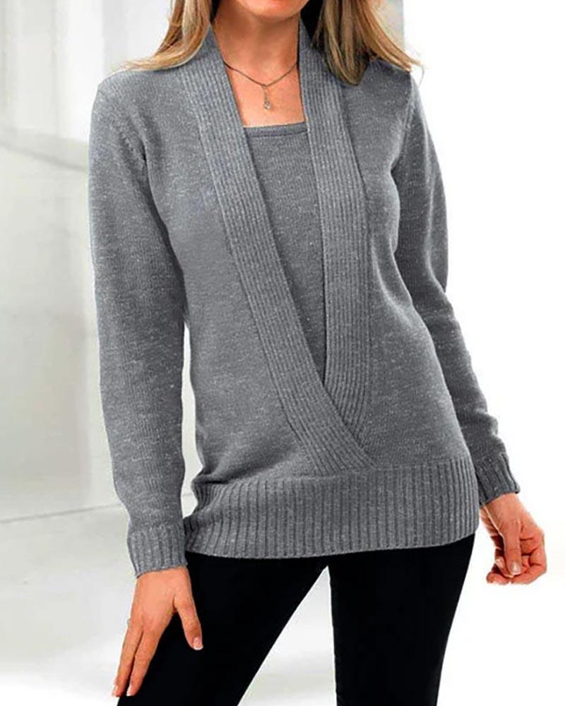 

Fake Two-Piece Long Sleeve Sweater, Gray