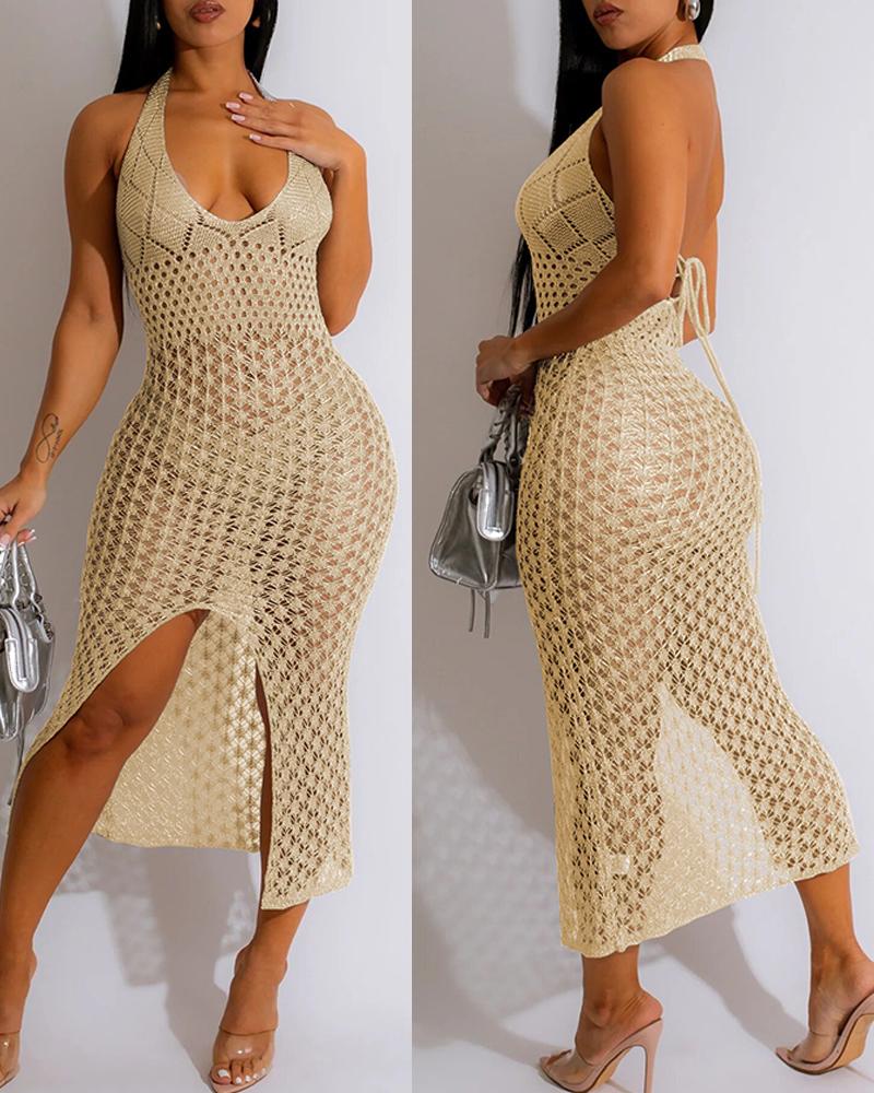 

Halter Tied Detail Hollow Out Crochet Bodycon Dress, Apricot