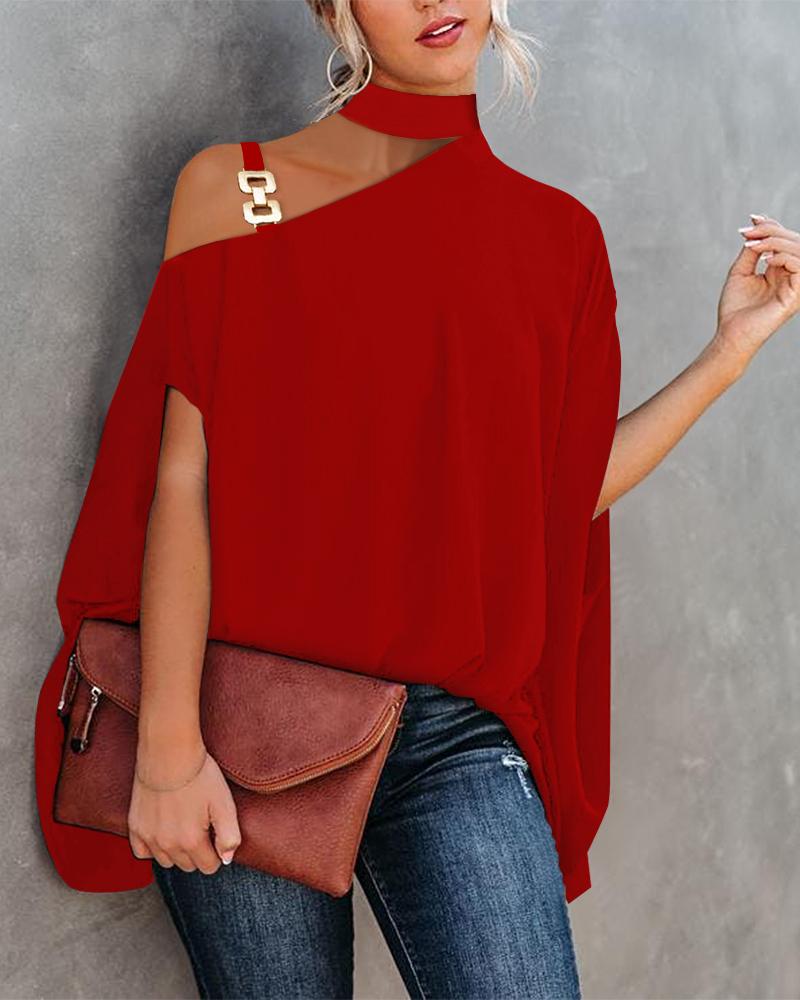 

Chain Strap Cold Shoulder Cape Design Top, Red