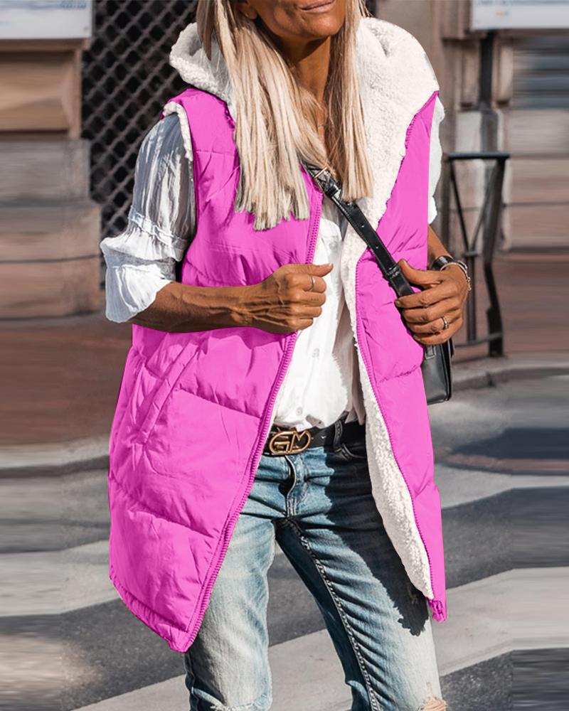 

Reversible Vests Sleeveless Fleece Jacket Zip Up Hoodie Pockets Long Warm Winter Coat Outerwear, Hot pink