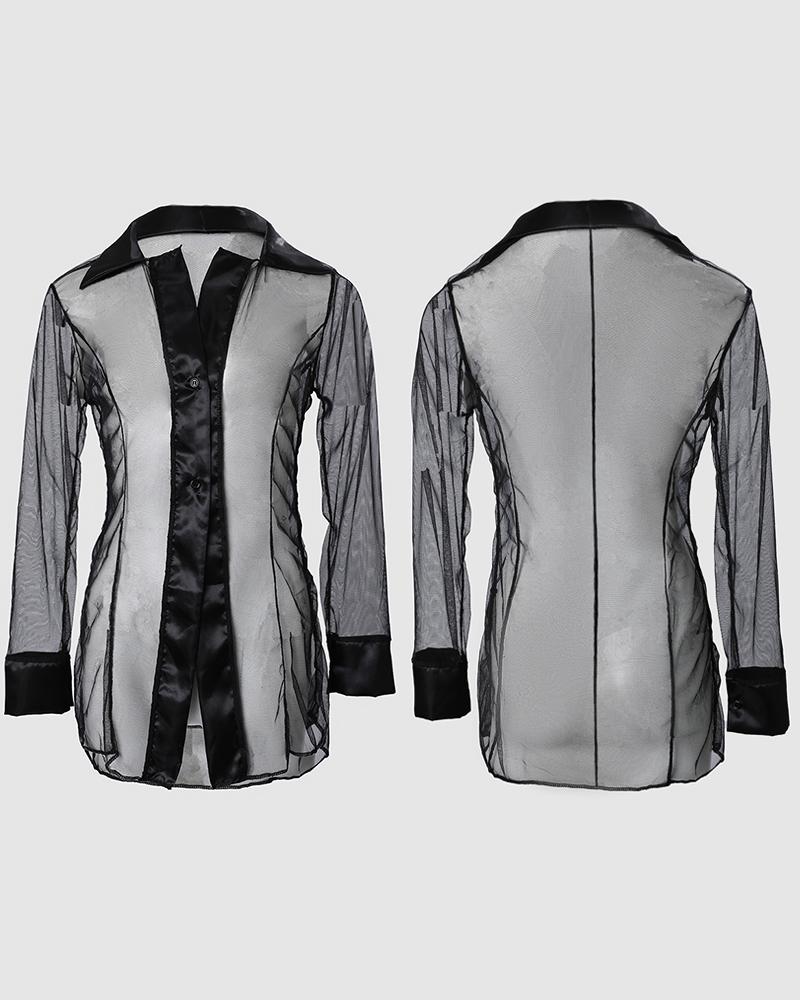 

Sheer Mesh Button Front Long Sleeve Sleep Shirt, Black