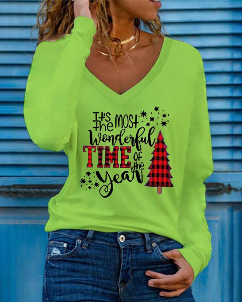 

Christmas Letter Tree Plaid Print Long Sleeve Top, Green