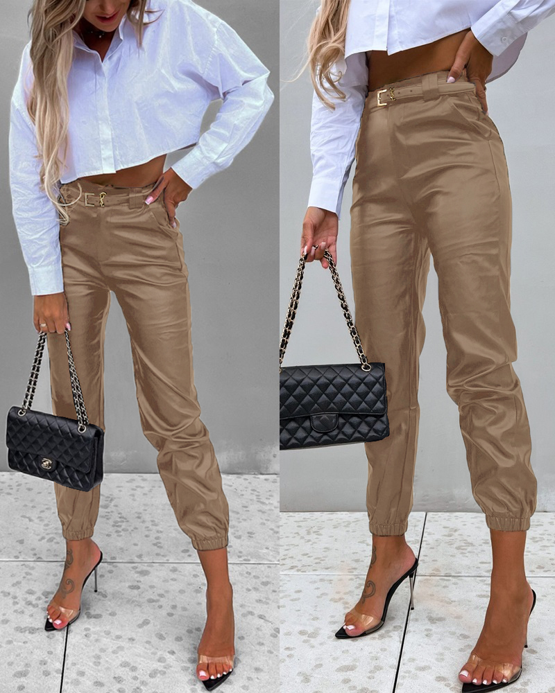 

PU Leather High Waist Cuffed Pants, Apricot