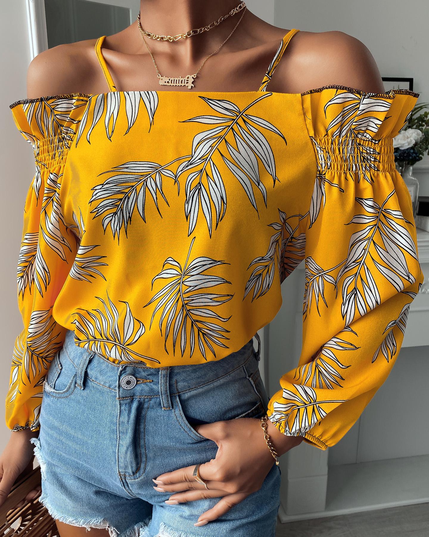 

Cold Shoulder Bell Sleeve Tropical Print Blouse, Yellow