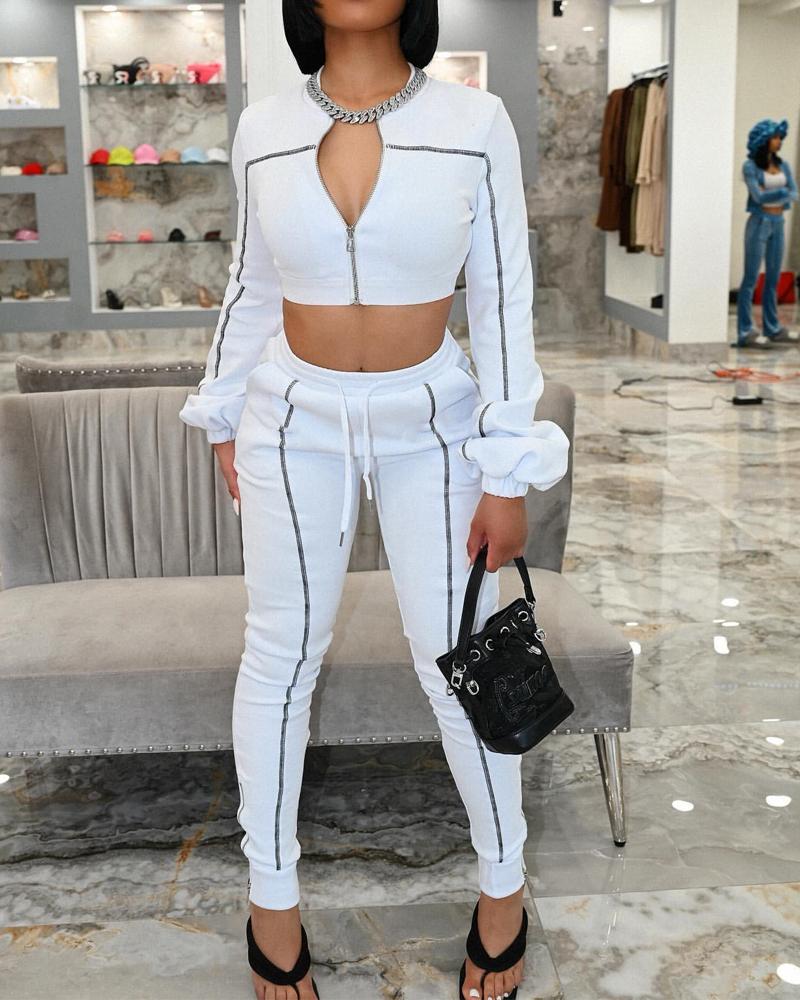 

Contrast Stitching Lantern Sleeve Crop Top & Pants Set, White