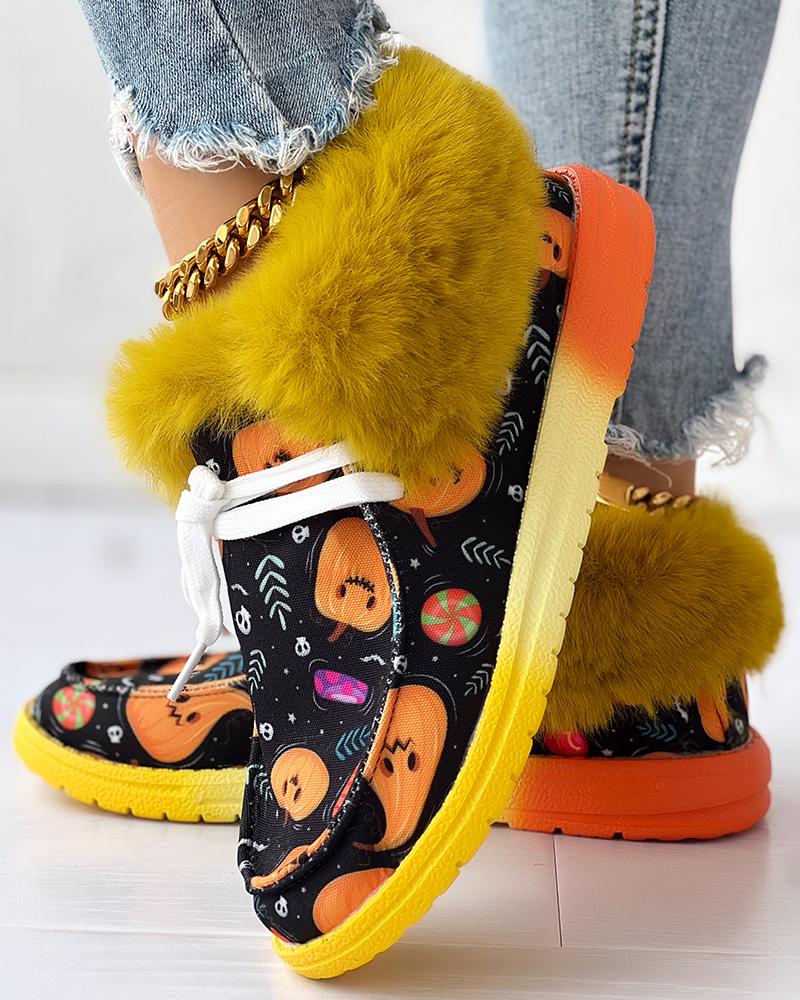 

Halloween Pumpkin Graphic Print Fuzzy Detail Lace-up Lined Ankle Boots, Yellow