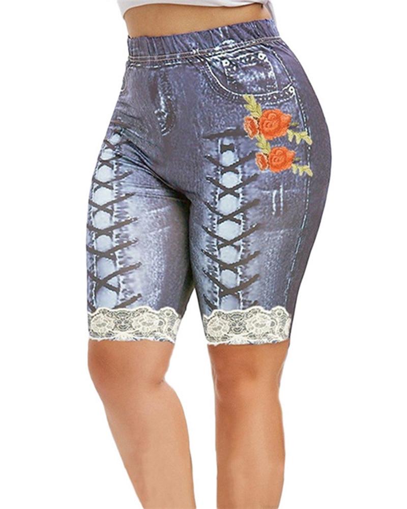 

Floral Denim Look Print Lace Patch Sports Leggings Yoga Shorts, Lighted blue