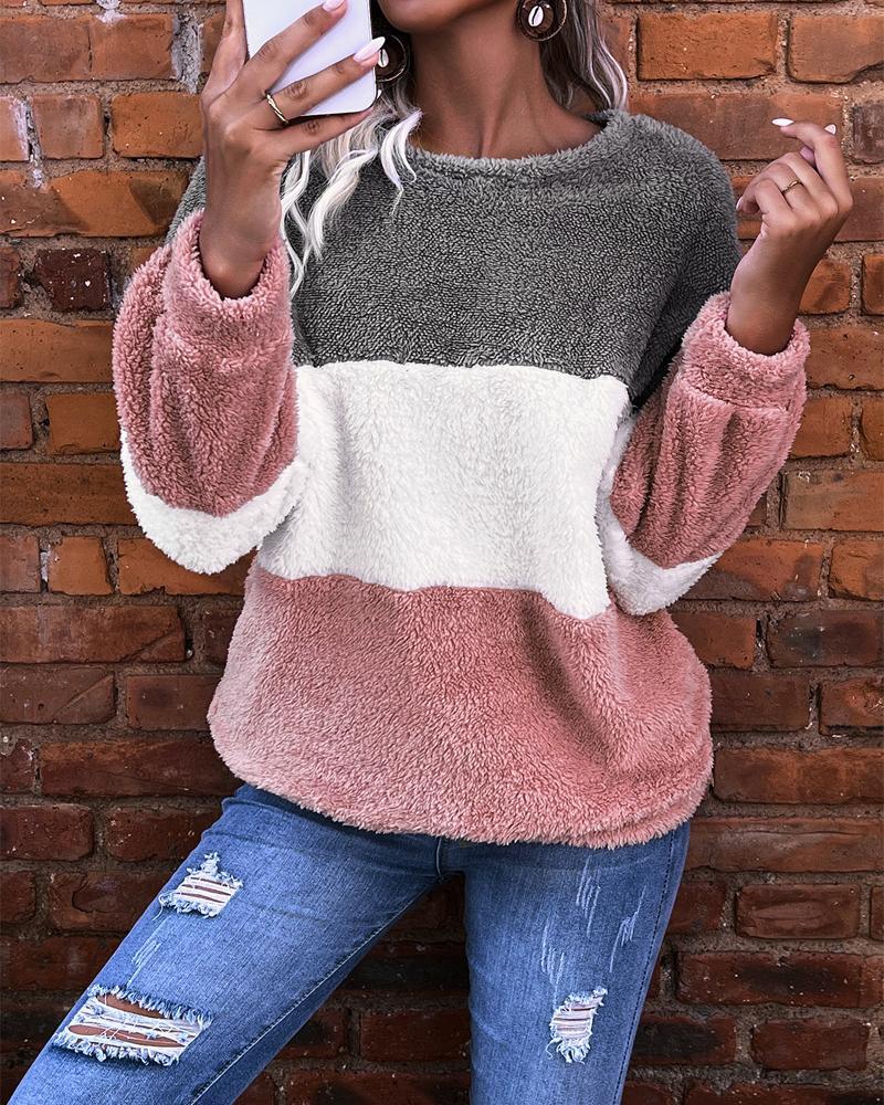 

Colorblock Long Sleeve Flannel Sweatshirt, Pink